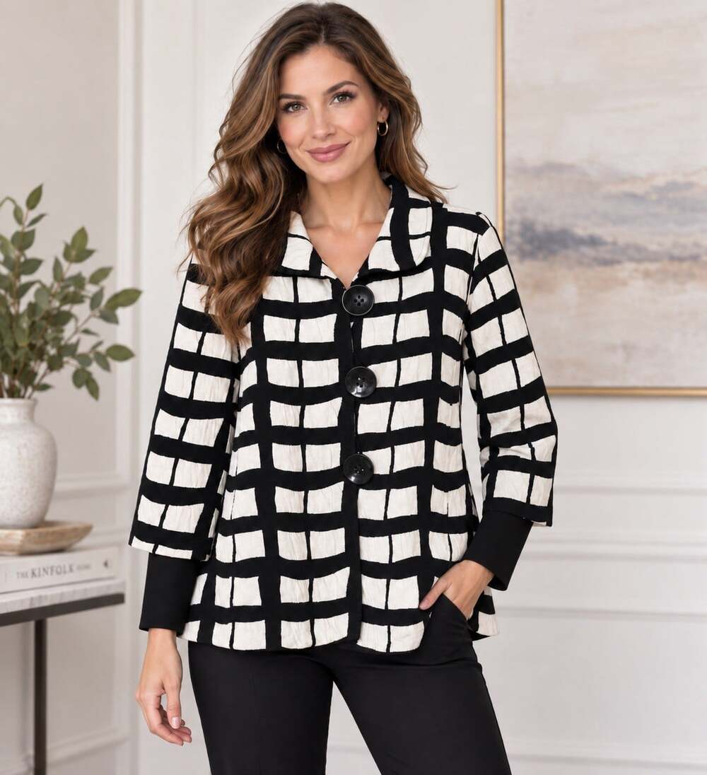 Ali Miles Black White Big Button Jacket Top Women L Boxy Artsy Career Geometric